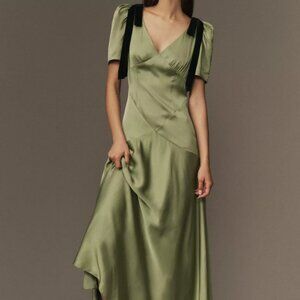 Anthropologie Mare Mare Bree Puff-Sleeve V-Neck Satin Slip Midi Dress